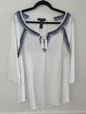 Style & Co. White Peasant Blouse with Navy Sequin Embroidery